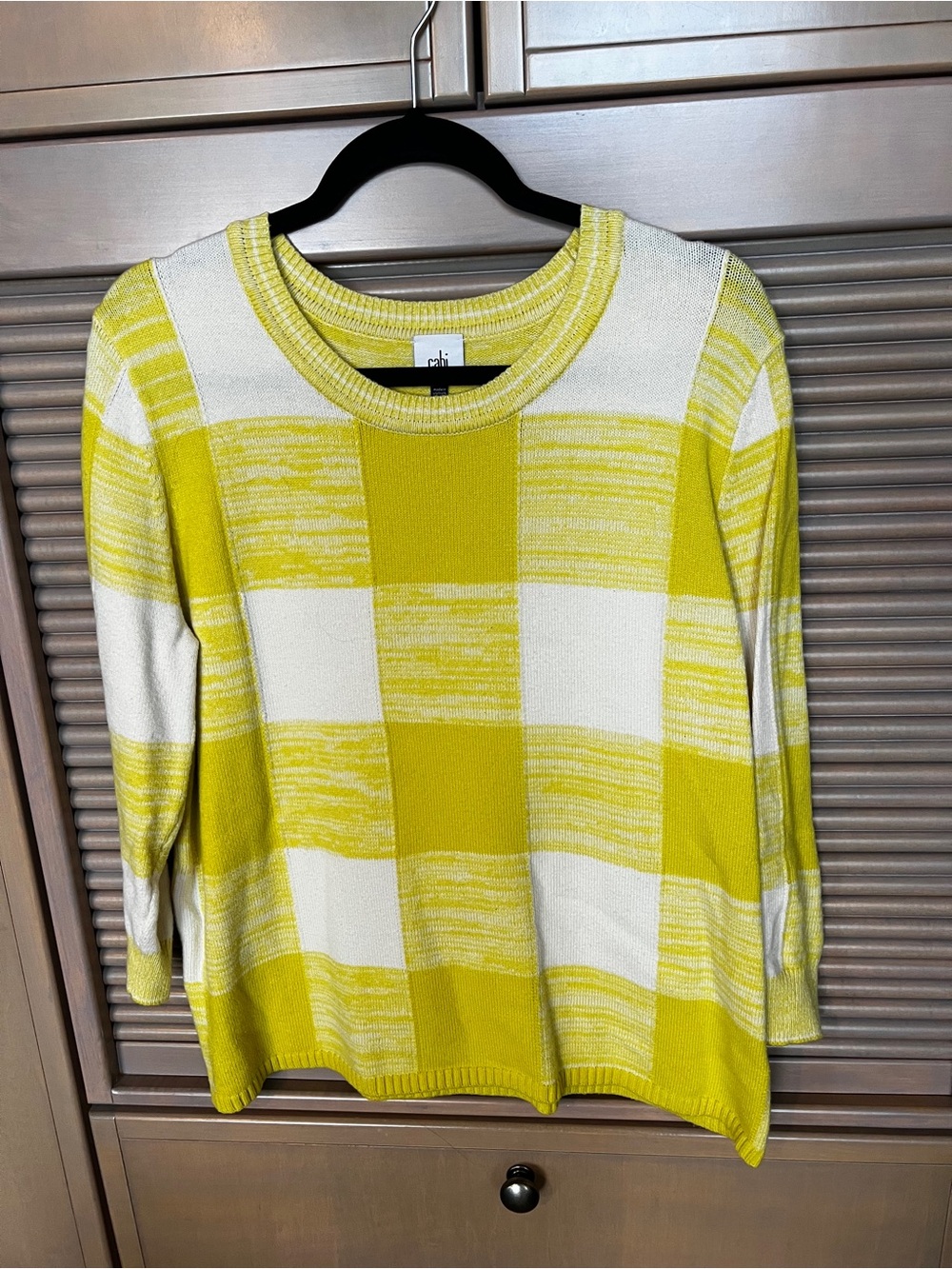 CAbi Yellow & White Buffalo Check Crewneck Sweater